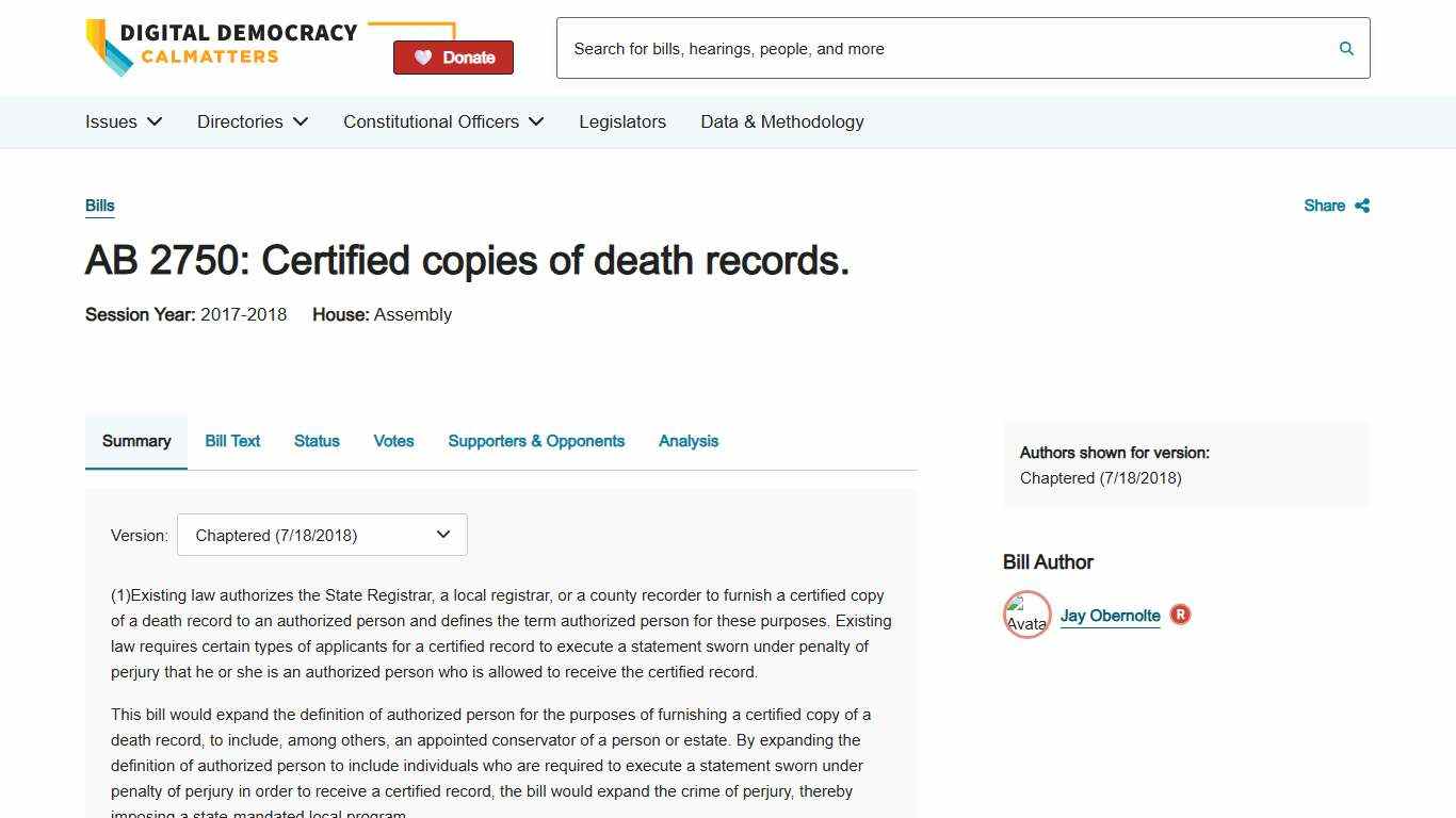 AB 2750: Certified copies of death records. Digital Democracy